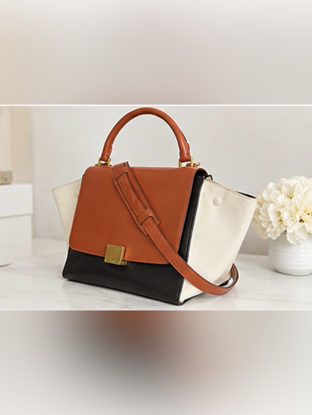 Celine Trapeze Crossbody Orange Black White Colorblock 2-way Top Handle Satchel - Picture 3 of 8